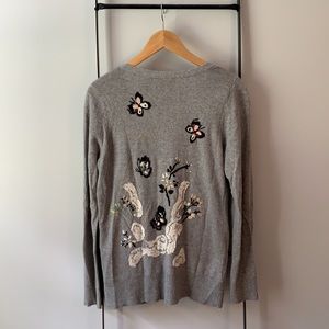 Anthropologie Gray Embroidered V-Neck Cardigan